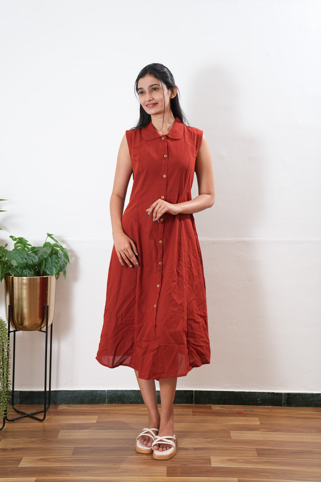 Brick red cotton shirt dress(attached sleeves)