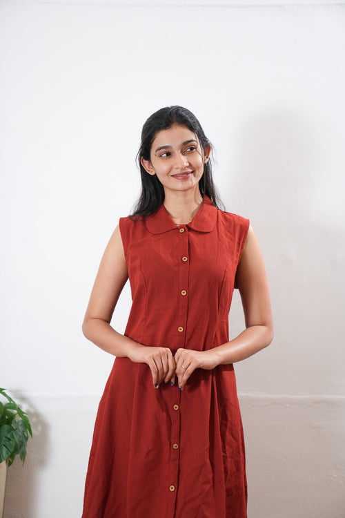 Brick red cotton shirt dress(attached sleeves)