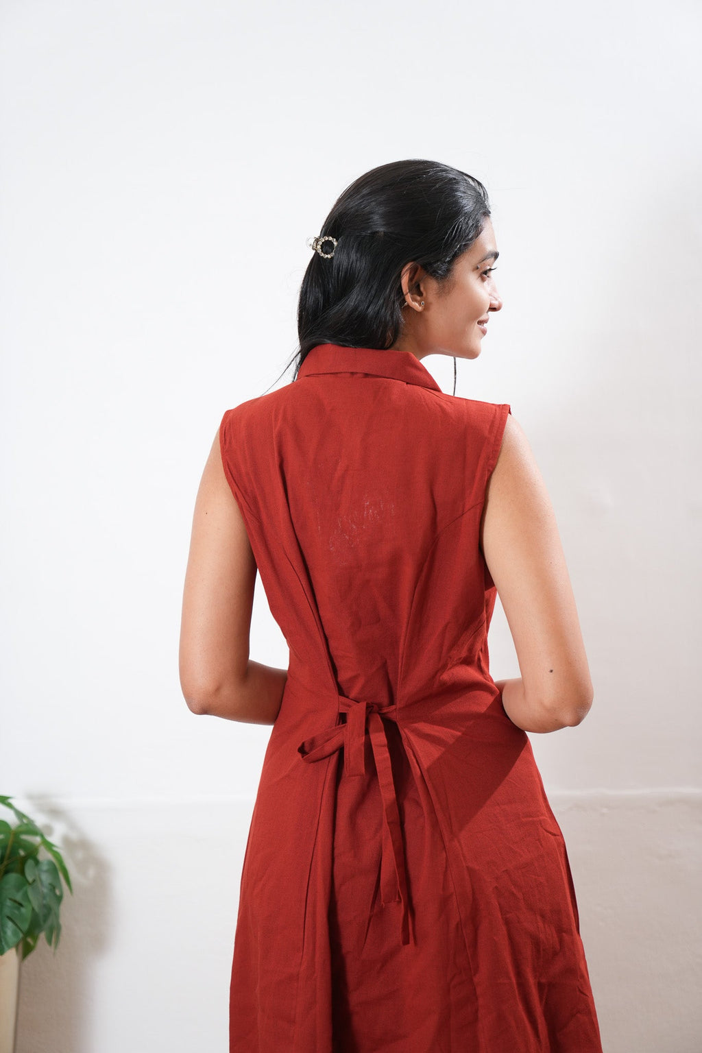 Brick red cotton shirt dress(attached sleeves)