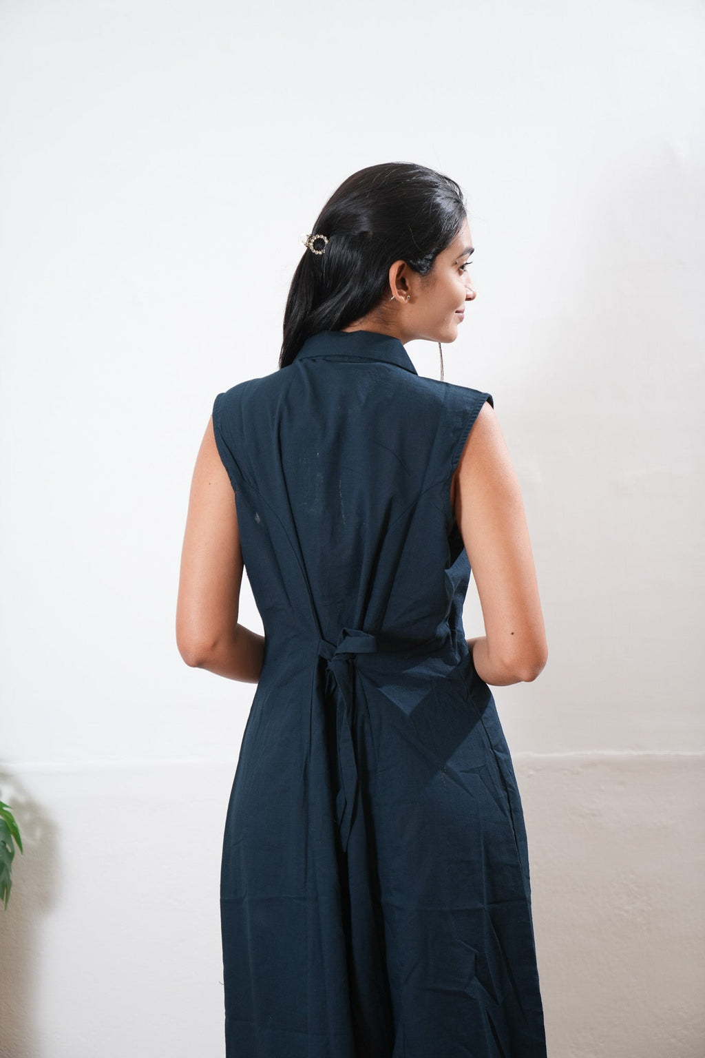 Midnight black cotton shirt dress (attached sleeves)