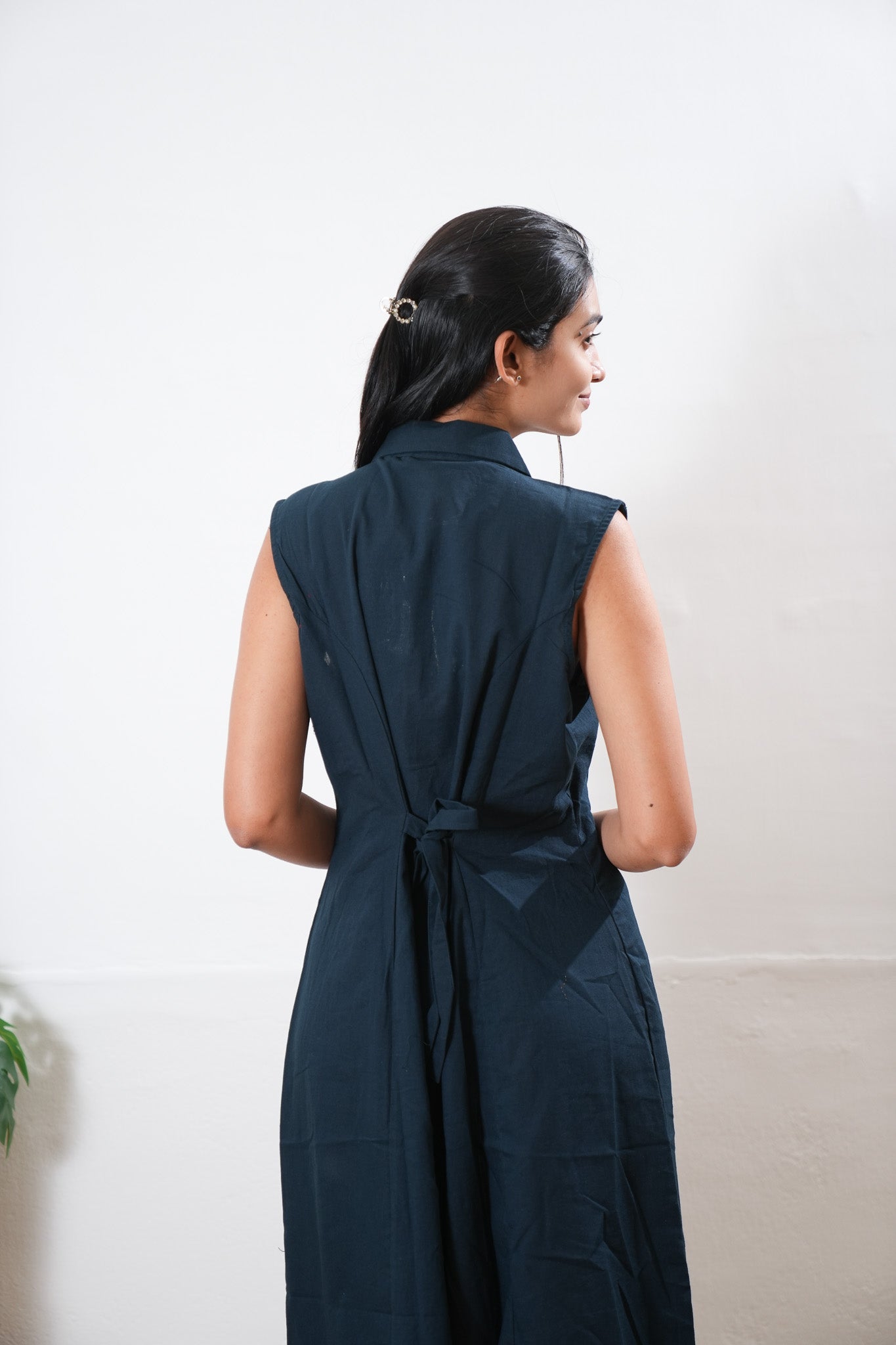 Midnight black cotton shirt dress (attached sleeves)