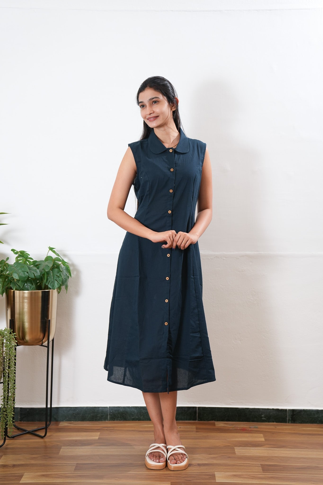Midnight black cotton shirt dress (attached sleeves)