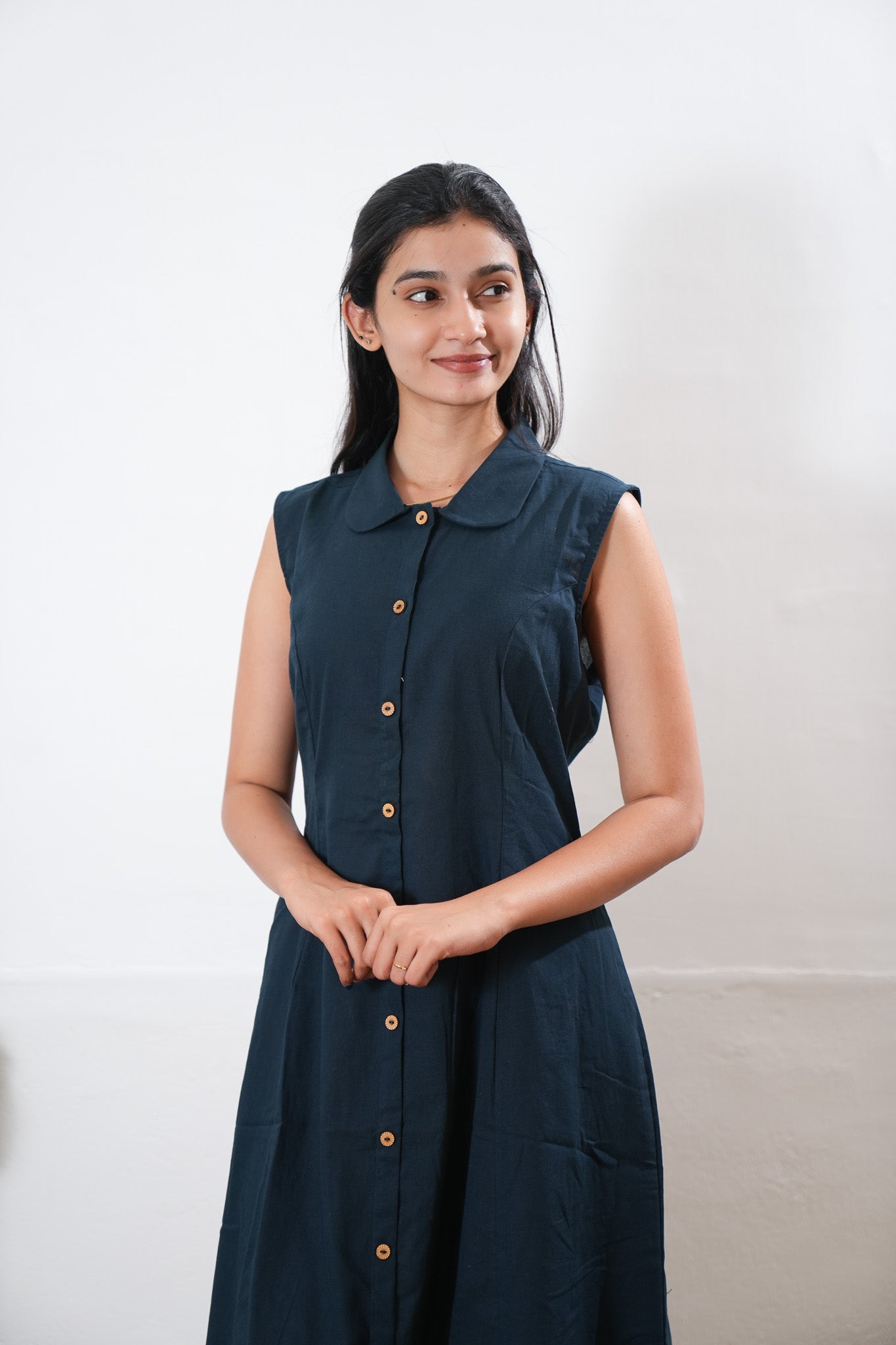 Midnight black cotton shirt dress (attached sleeves)