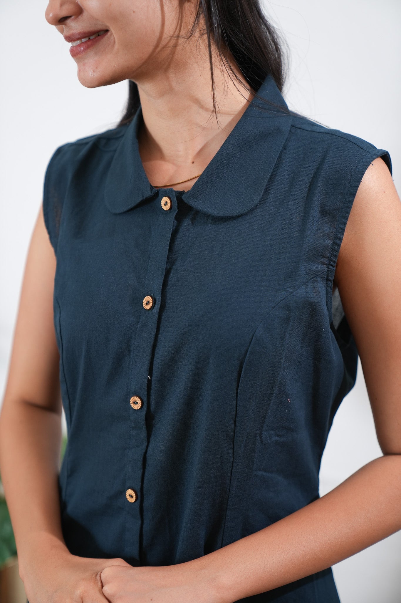 Midnight black cotton shirt dress (attached sleeves)