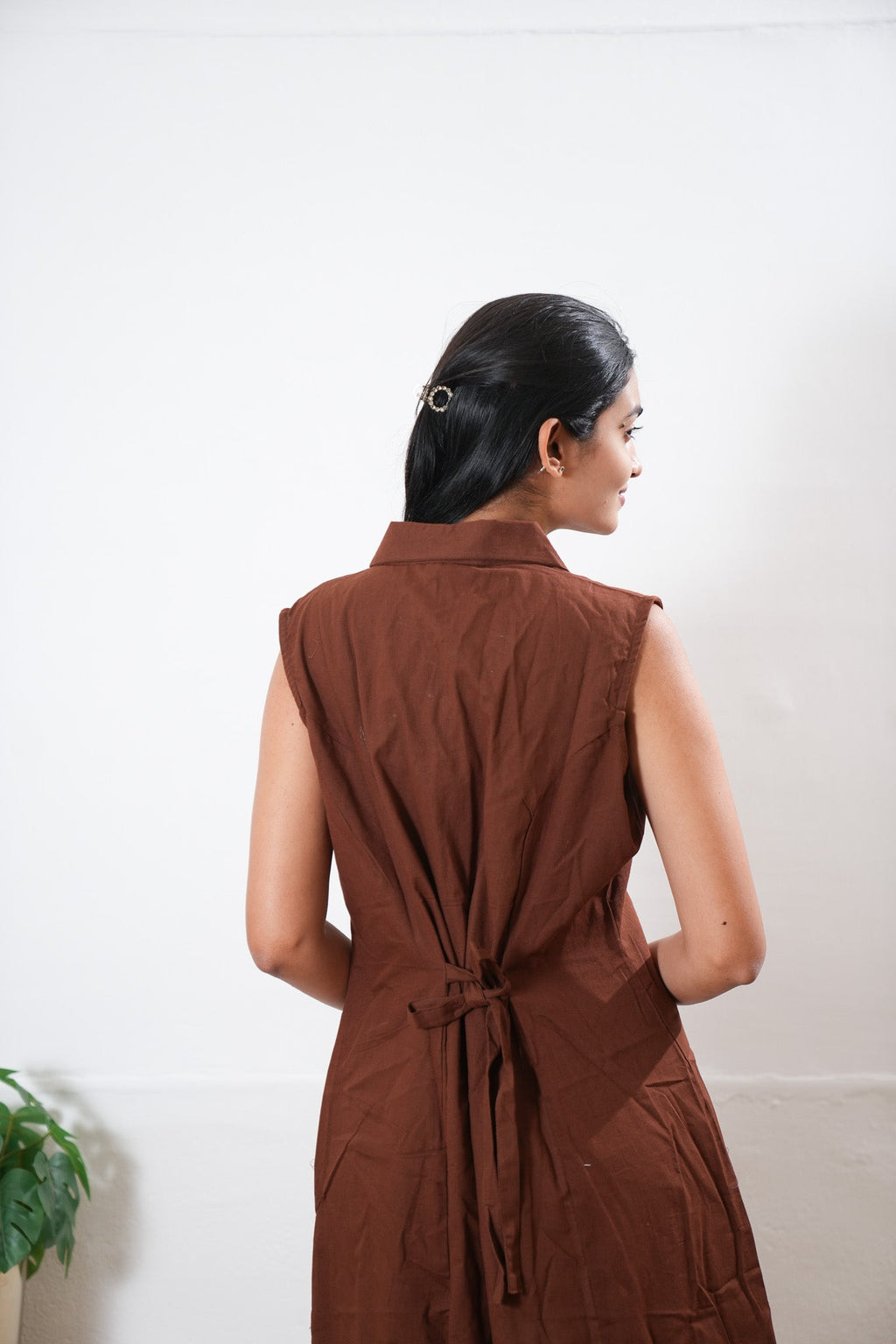 Chocolate brown cotton shirt dress( attached sleeves)