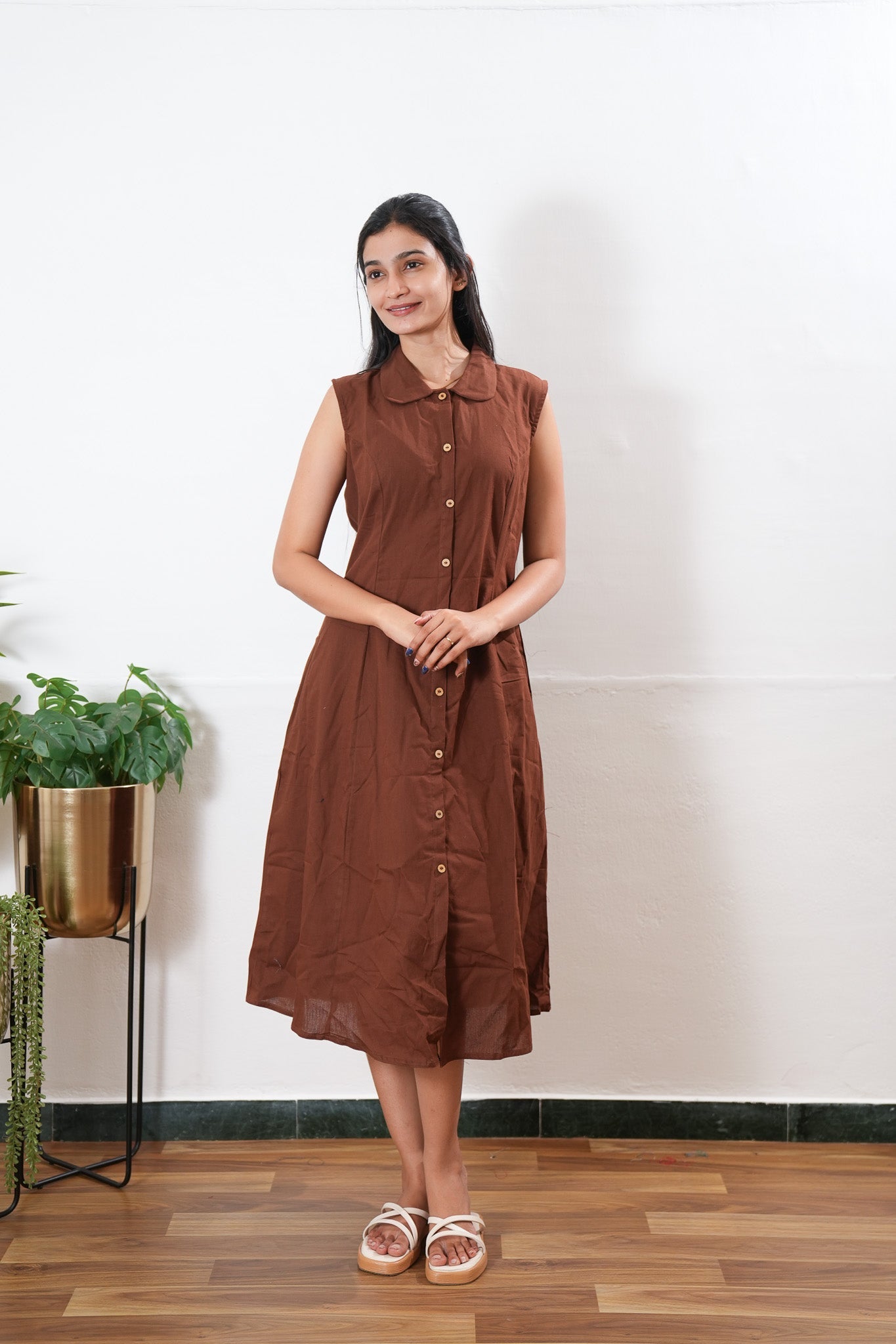 Chocolate brown cotton shirt dress( attached sleeves)