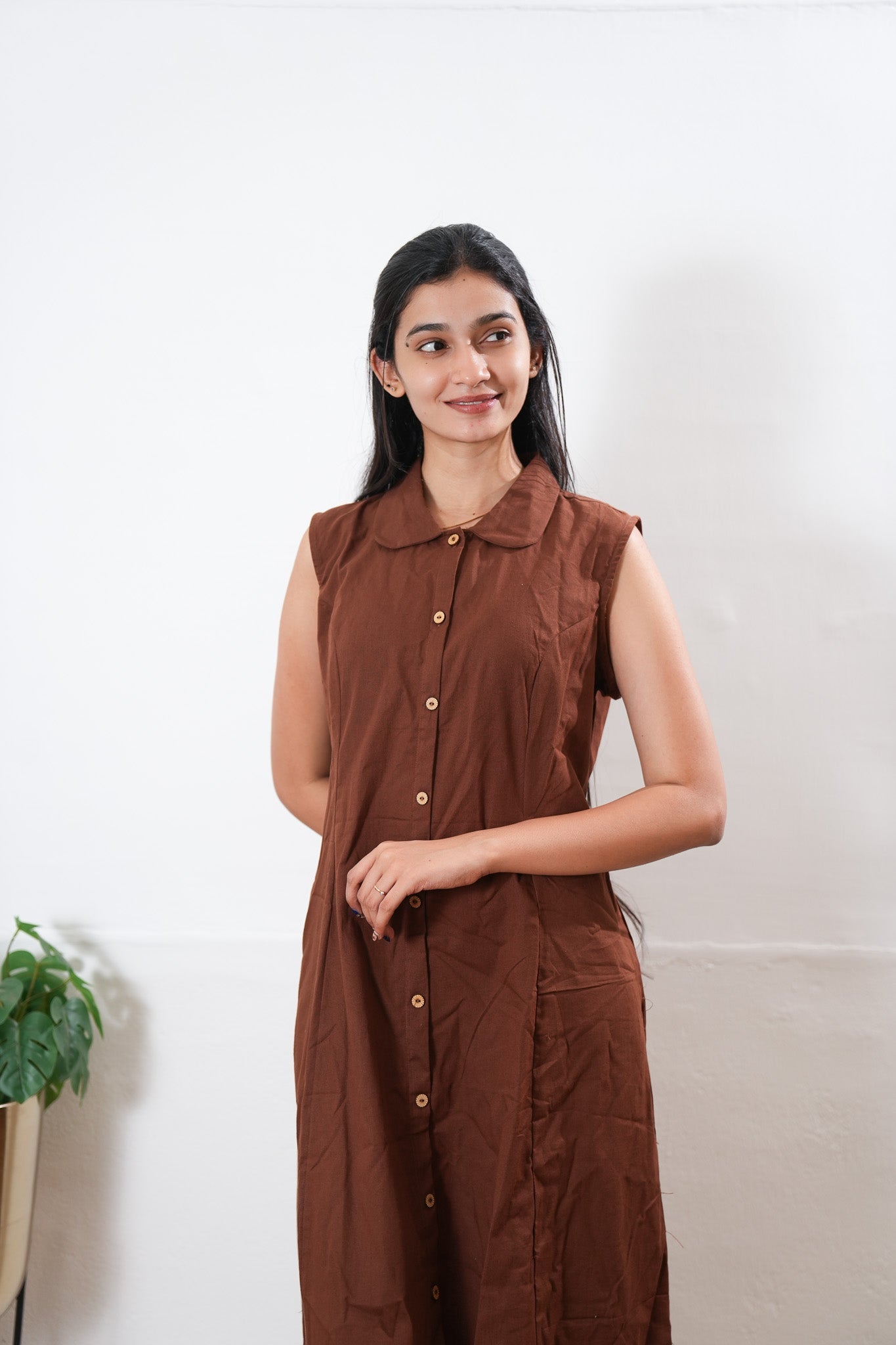 Chocolate brown cotton shirt dress( attached sleeves)