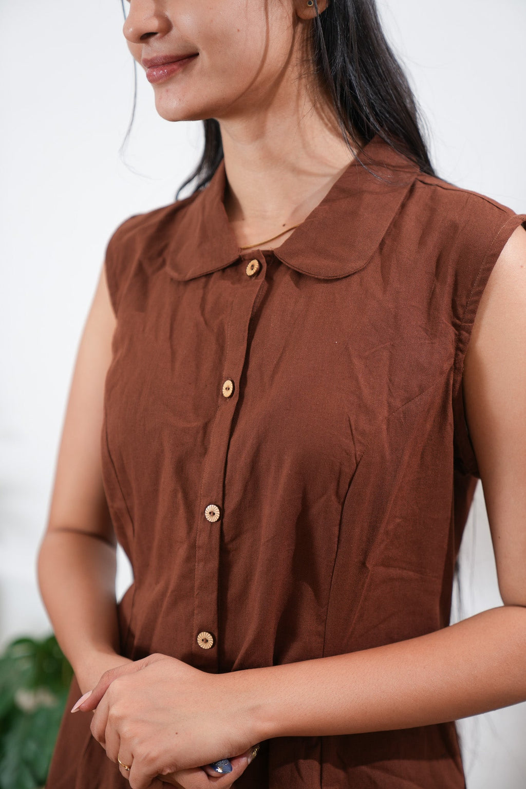 Chocolate brown cotton shirt dress( attached sleeves)