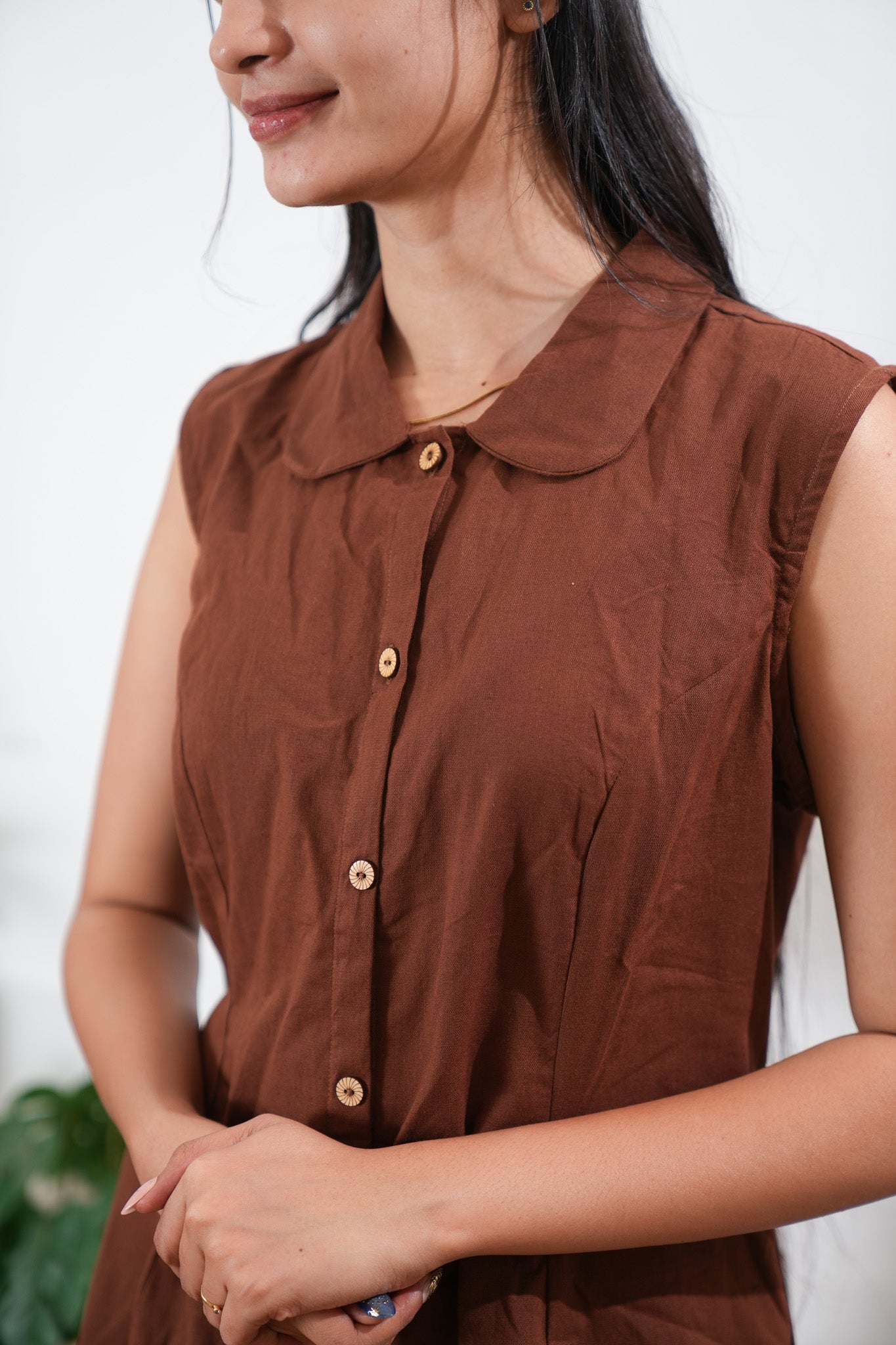 Chocolate brown cotton shirt dress( attached sleeves)