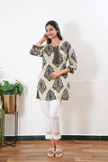 Round neck cotton short kurti - beige and black