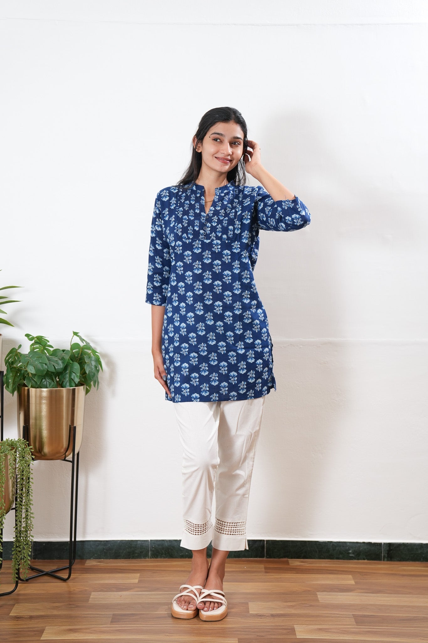 Pintex cotton short kurti - Royal blue