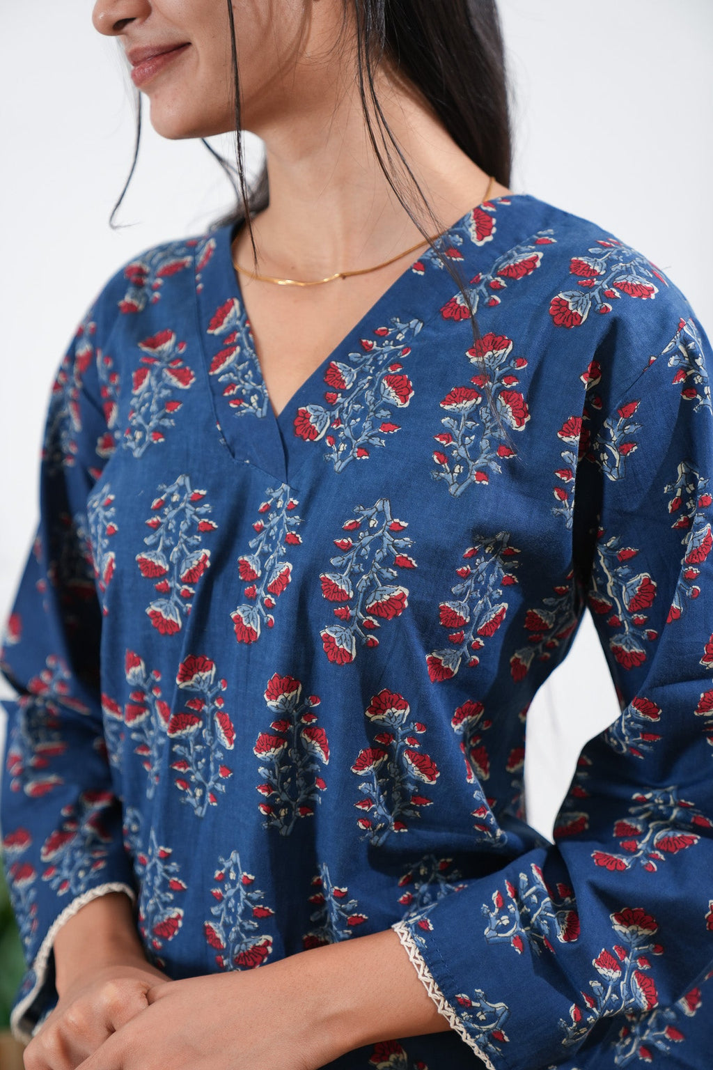V neck cotton short kurti - Blue