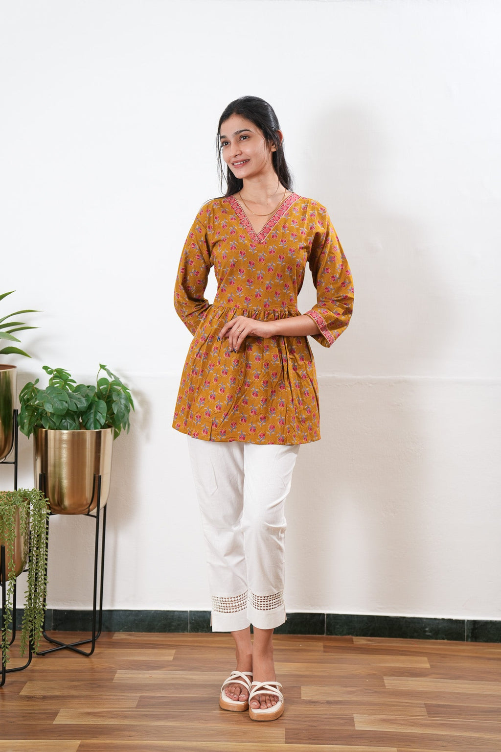Peplum cotton short kurti - Mustard