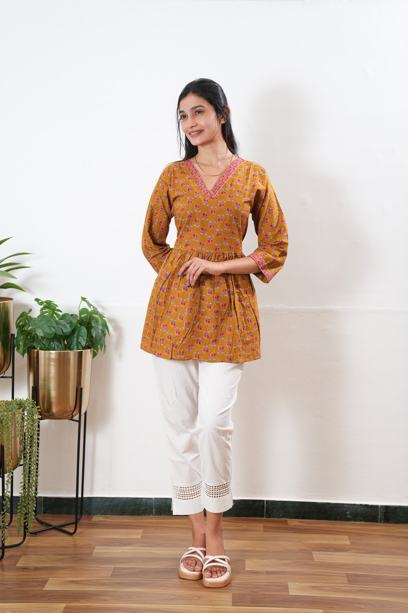 Peplum cotton short kurti - Mustard