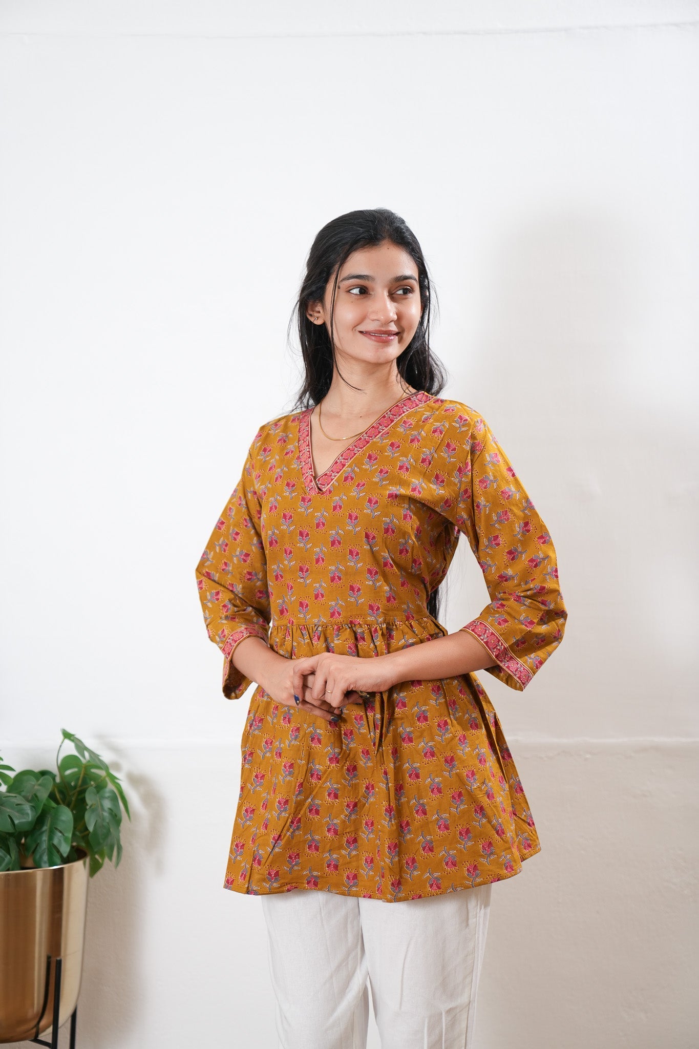 Peplum cotton short kurti - Mustard