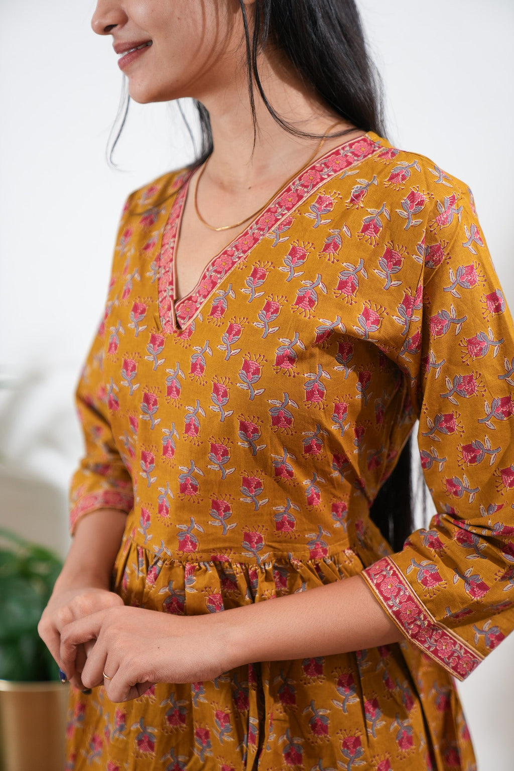 Peplum cotton short kurti - Mustard