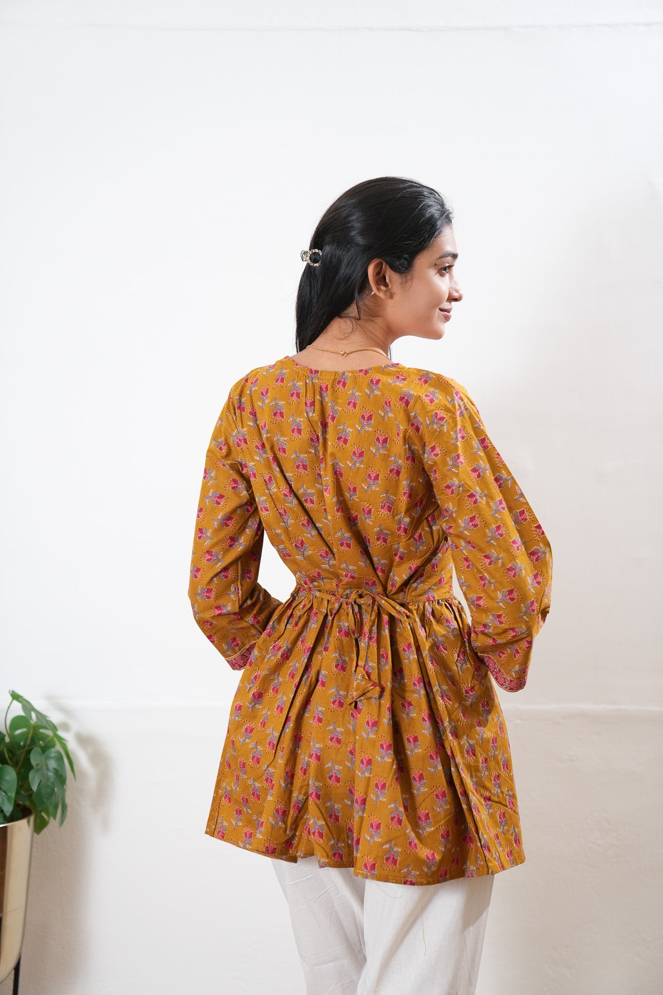 Peplum cotton short kurti - Mustard
