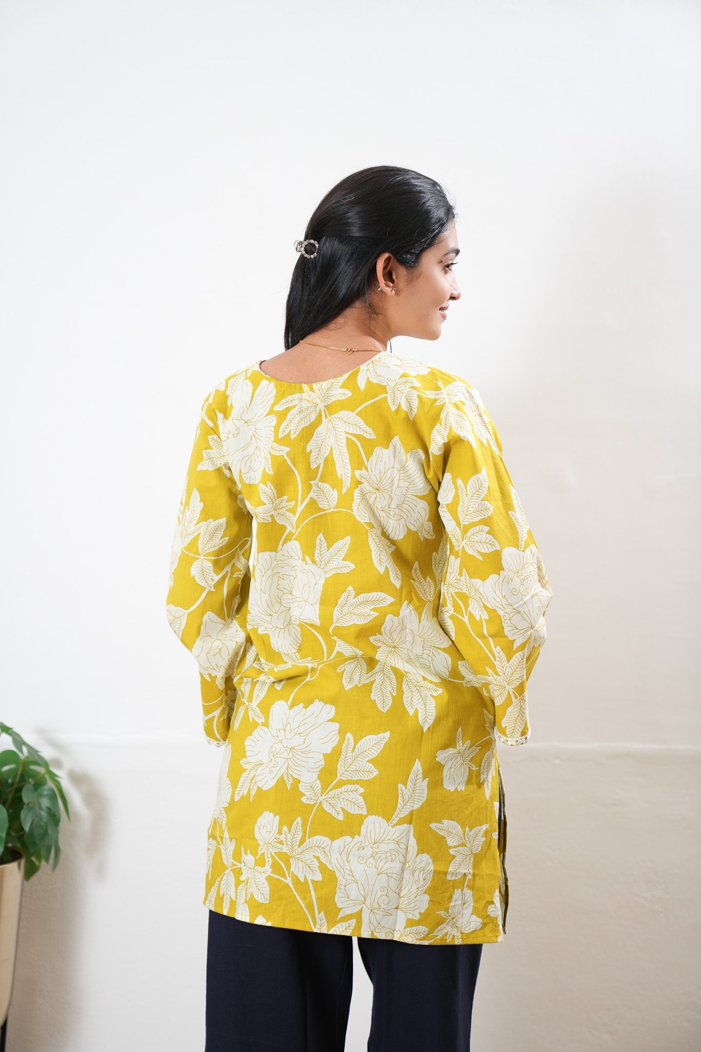 V neck cotton short kurti - turmeric