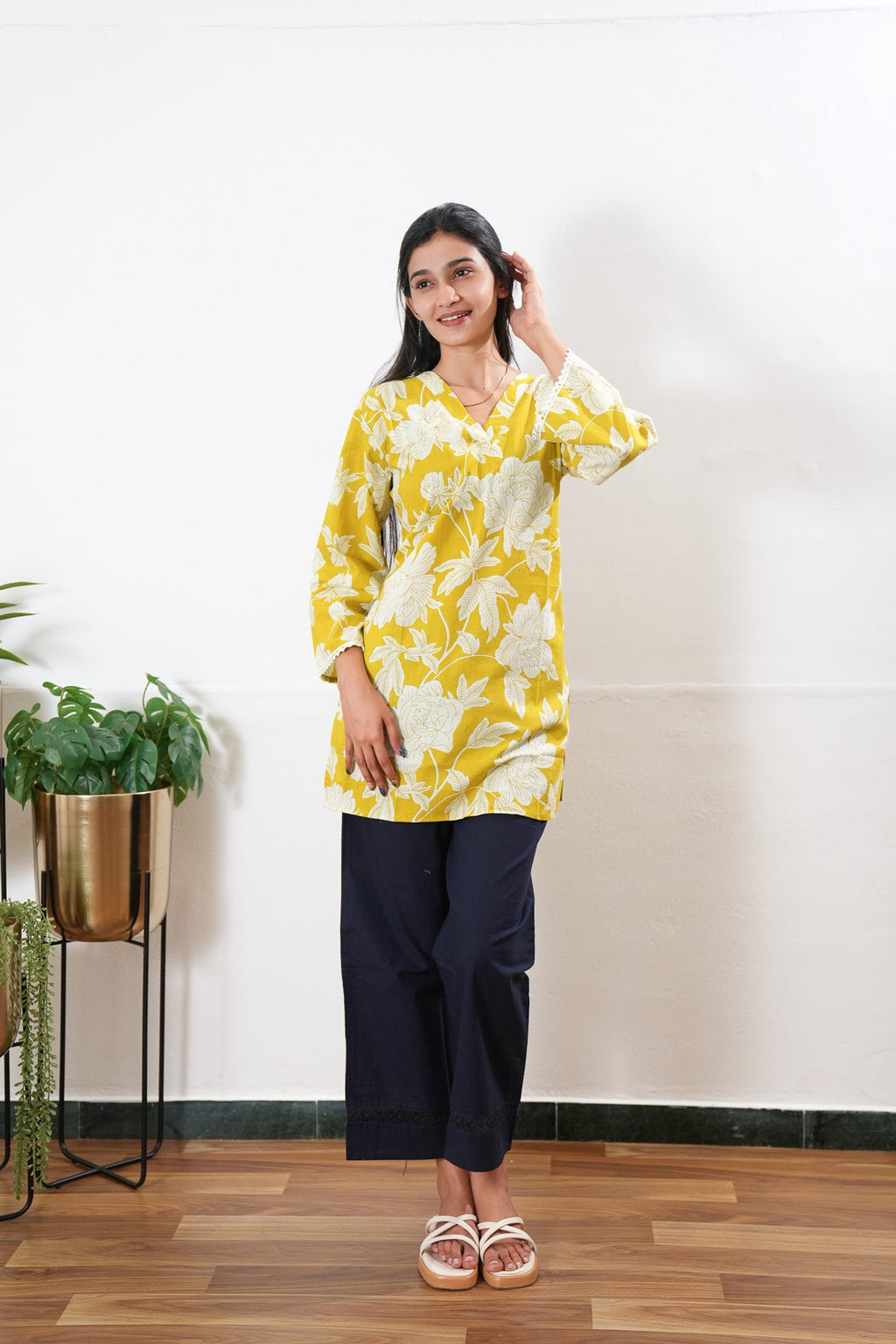 V neck cotton short kurti - turmeric