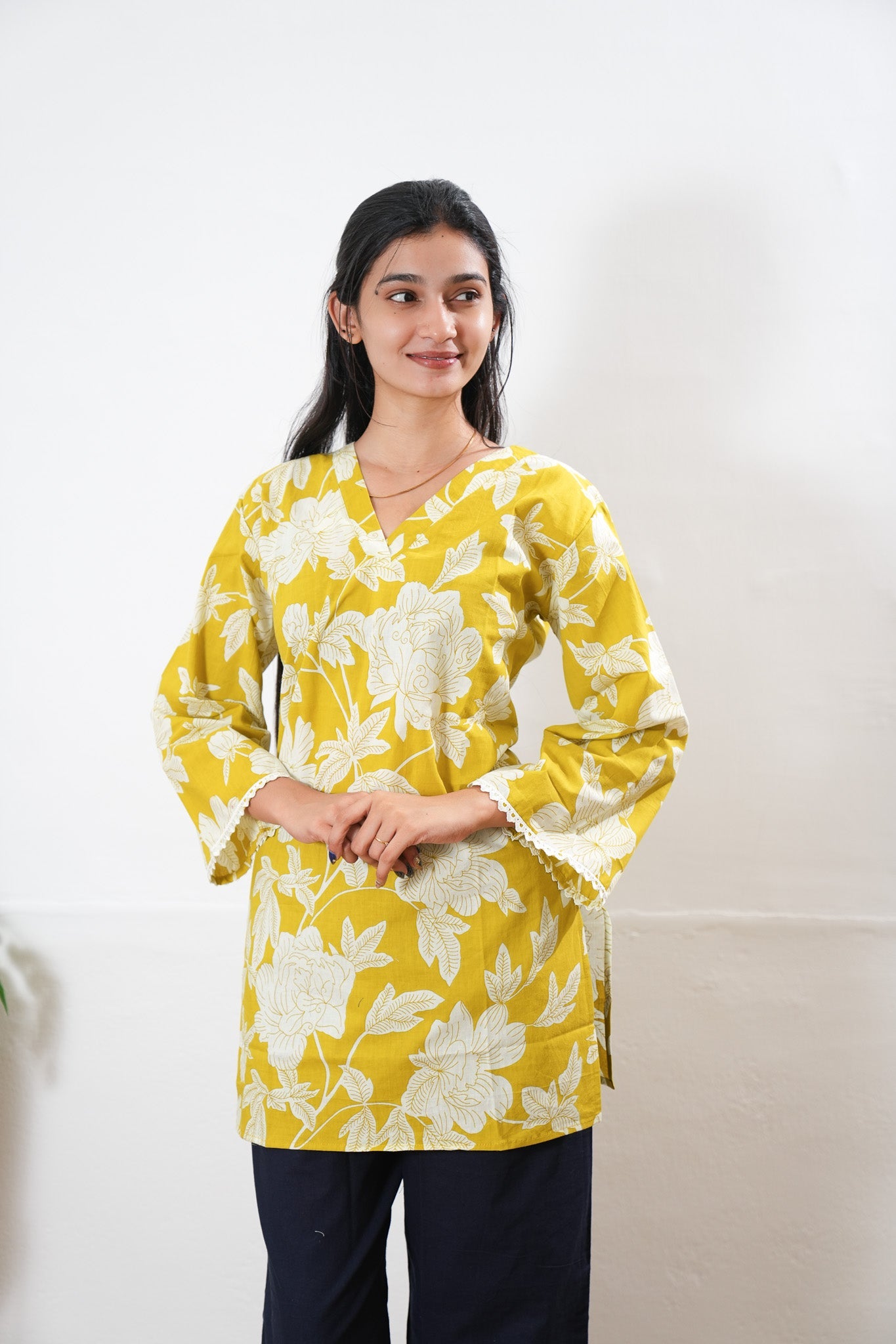 V neck cotton short kurti - turmeric