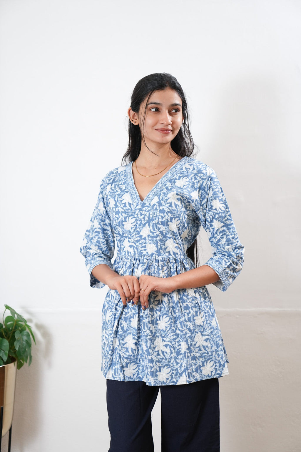 Peplum cotton short kurti - Light blue