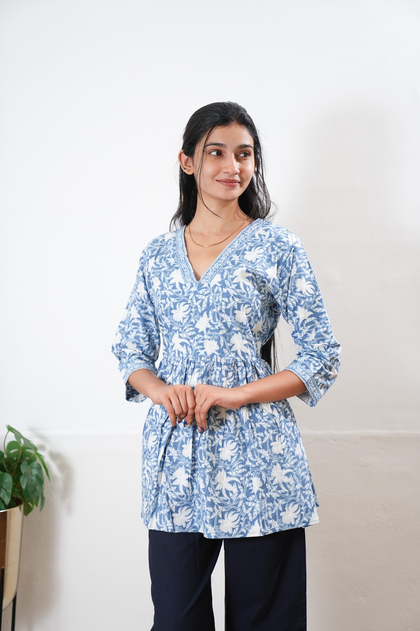 Peplum cotton short kurti - Light blue