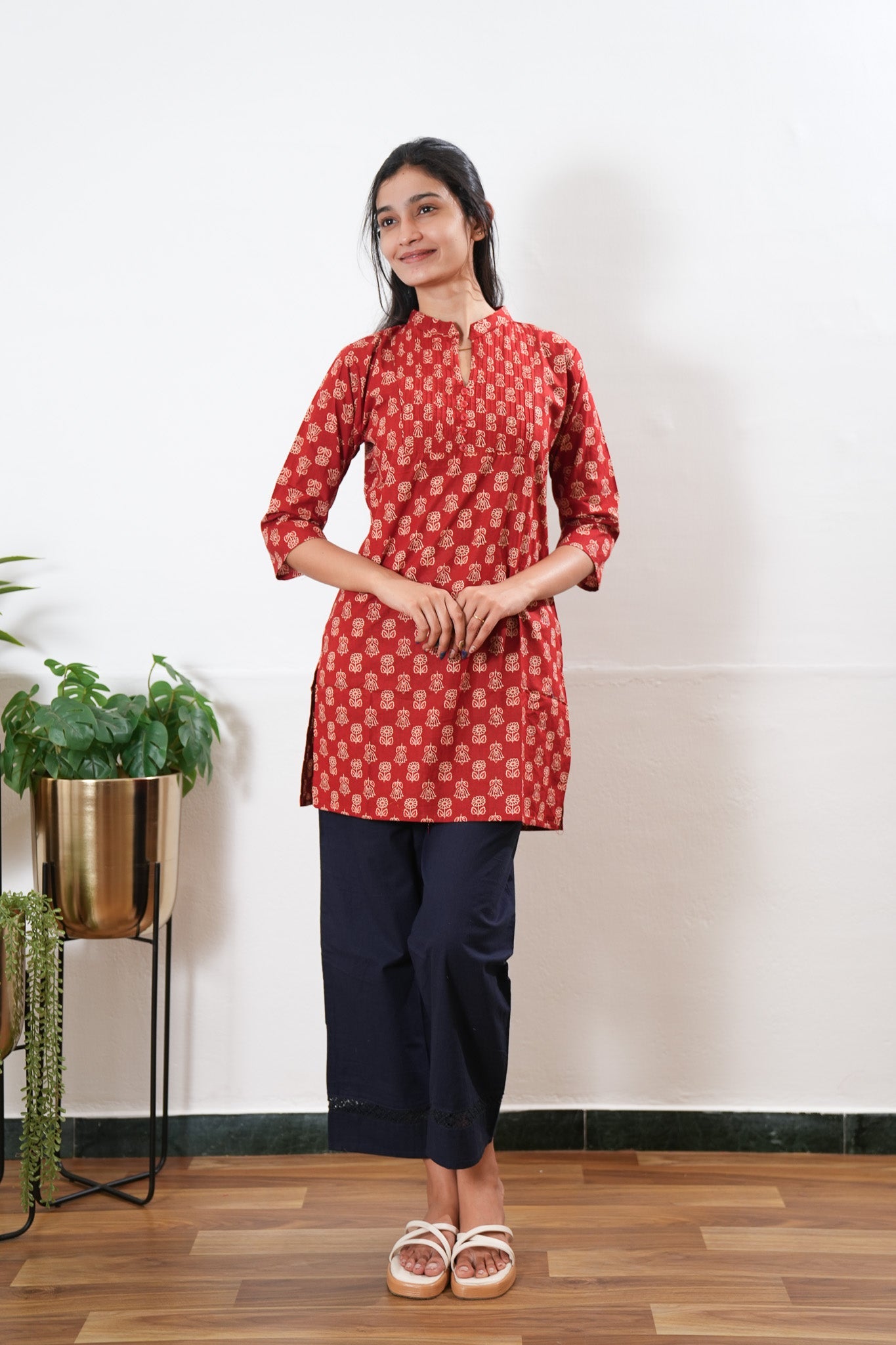 Pintex cotton short kurti - Red lotus