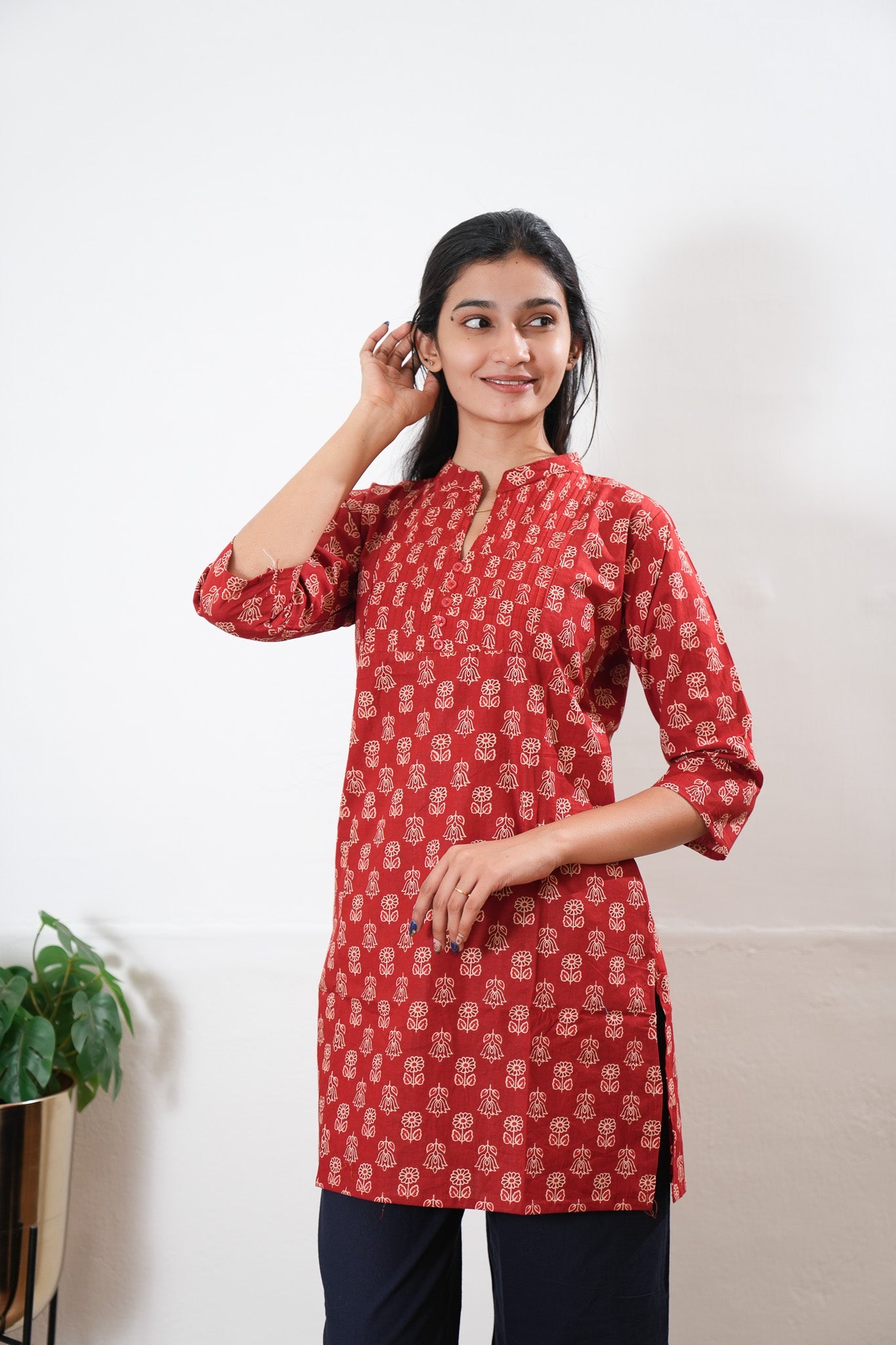 Pintex cotton short kurti - Red lotus