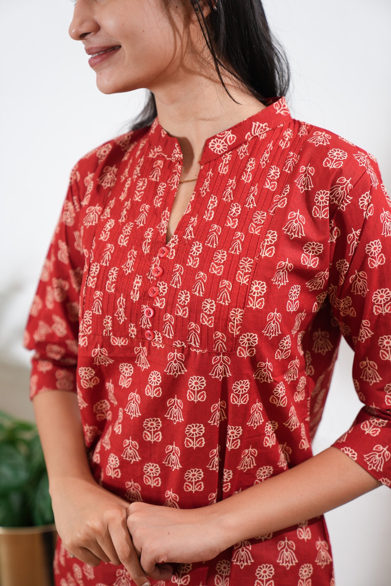 Pintex cotton short kurti - Red lotus