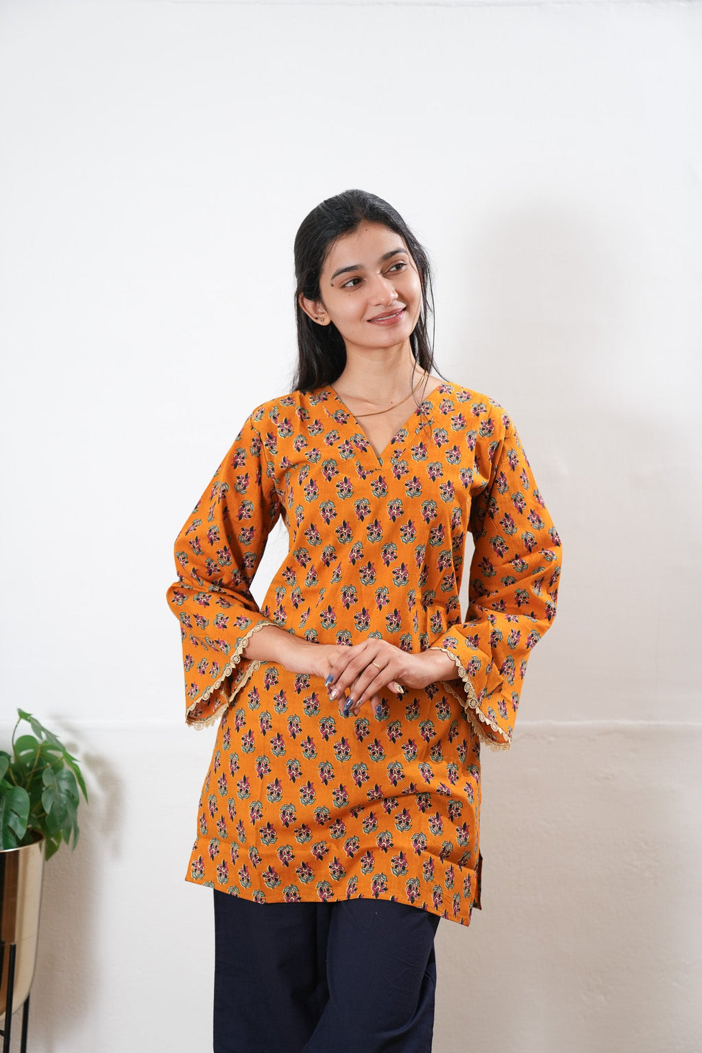 V neck cotton short kurti - Orange
