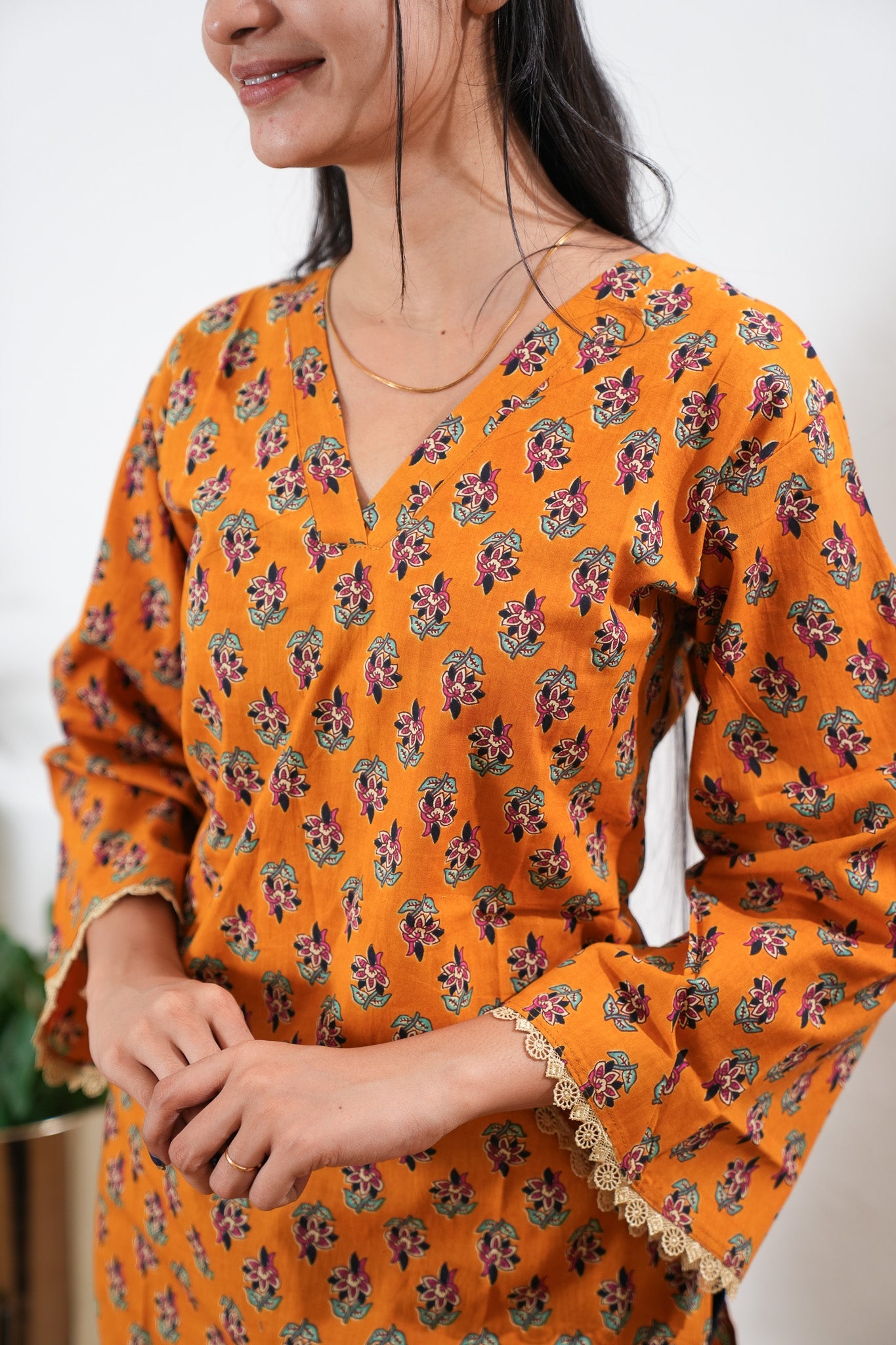 V neck cotton short kurti - Orange
