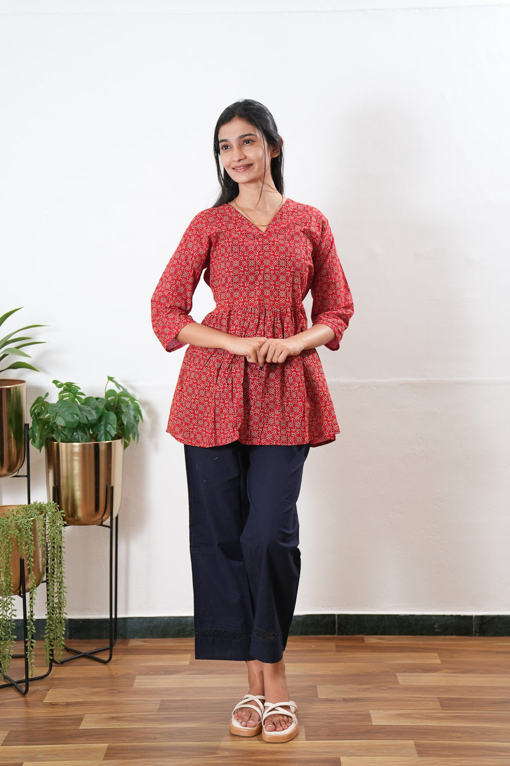 Peplum cotton short kurti - Red