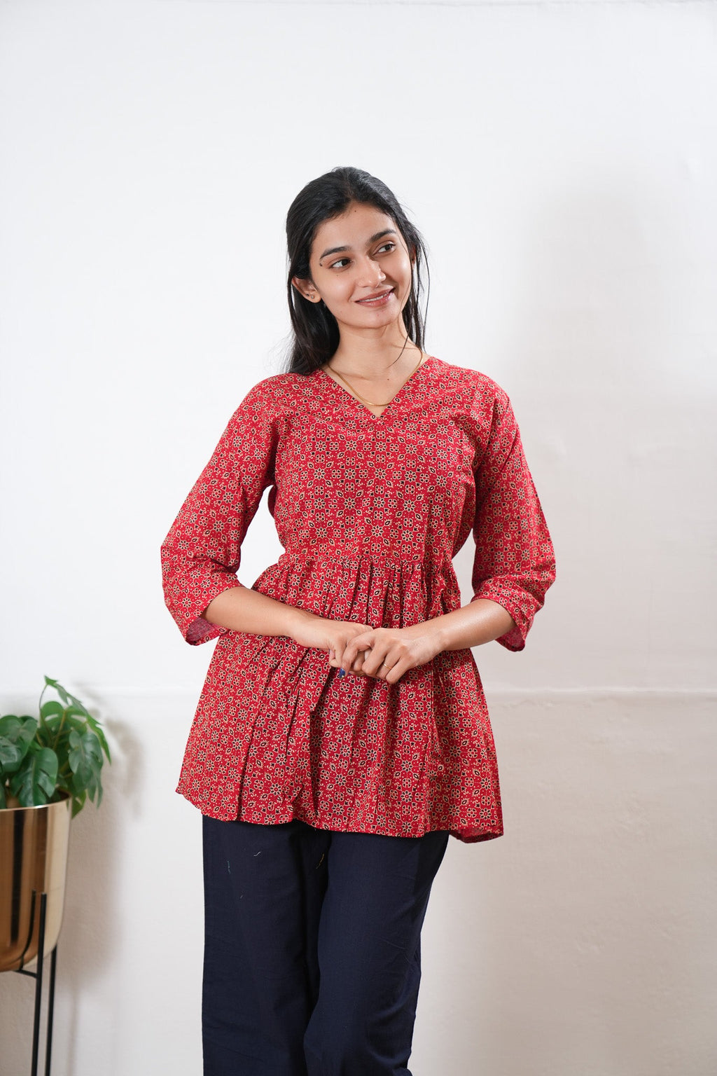 Peplum cotton short kurti - Red