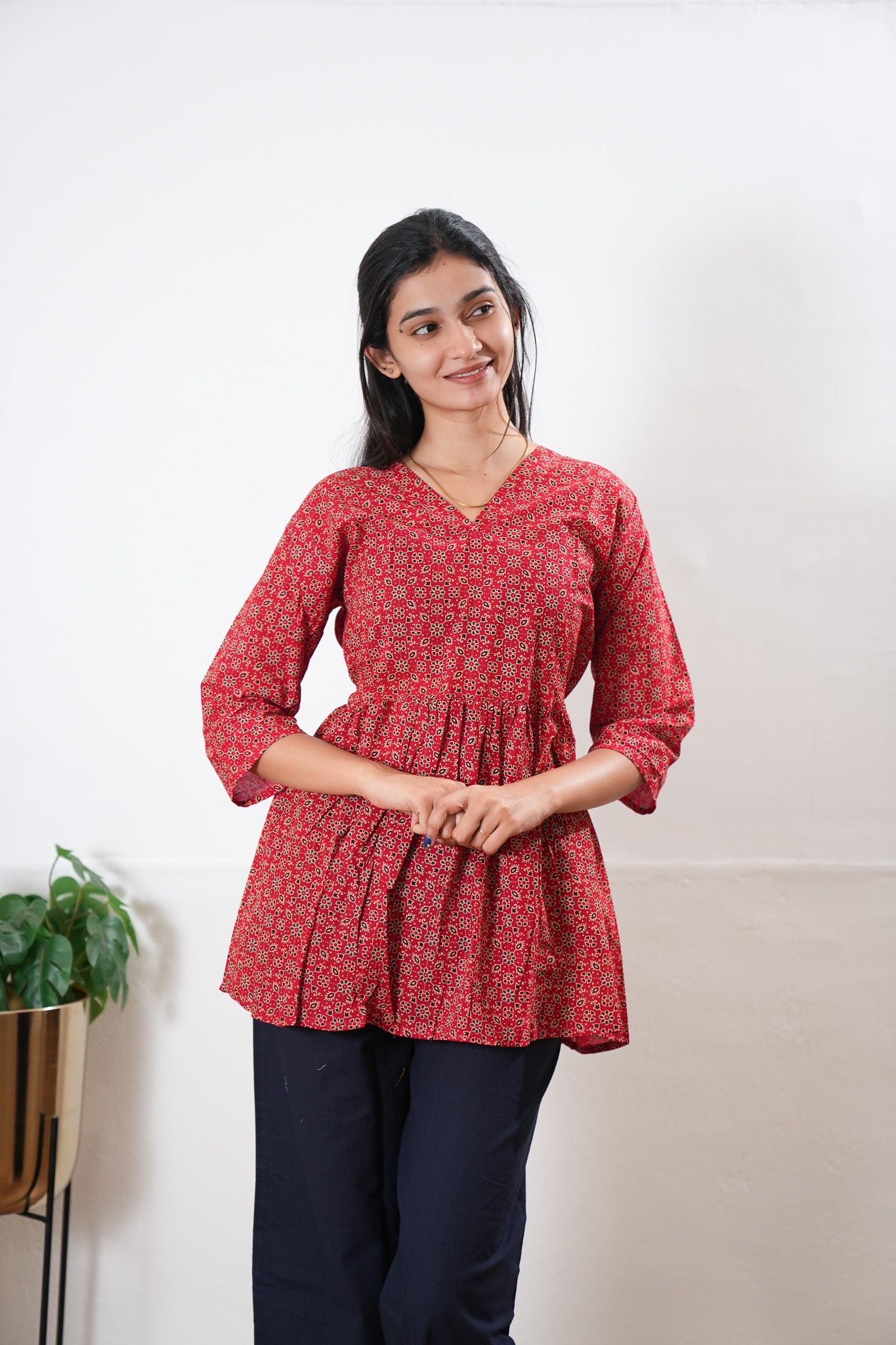 Peplum cotton short kurti - Red