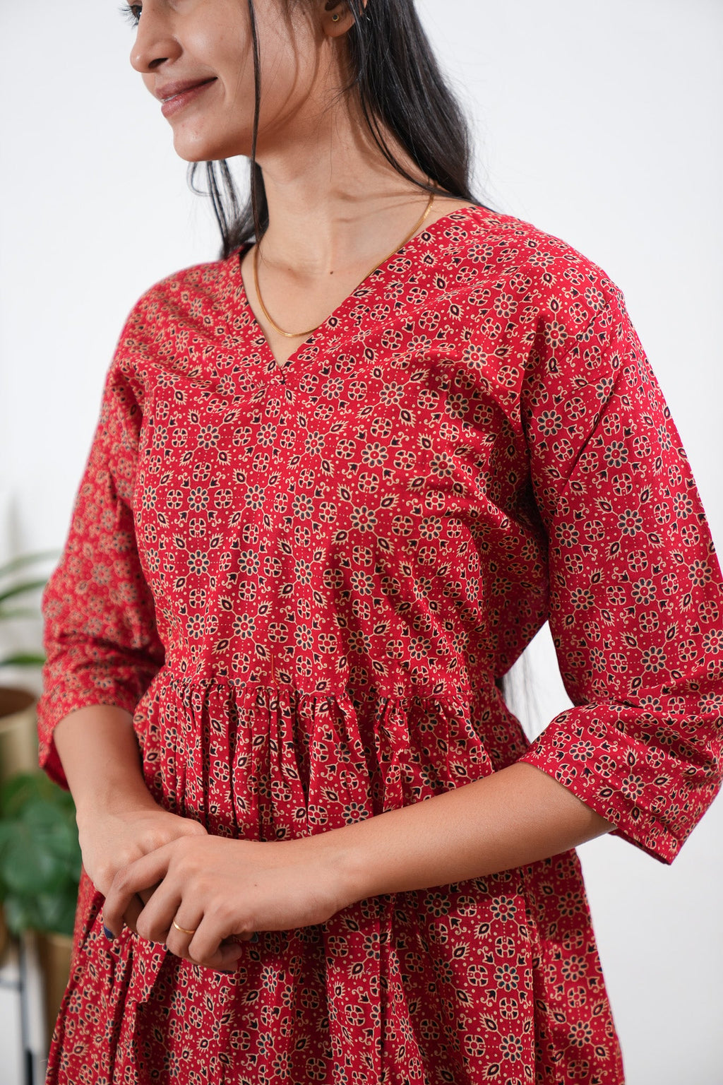 Peplum cotton short kurti - Red