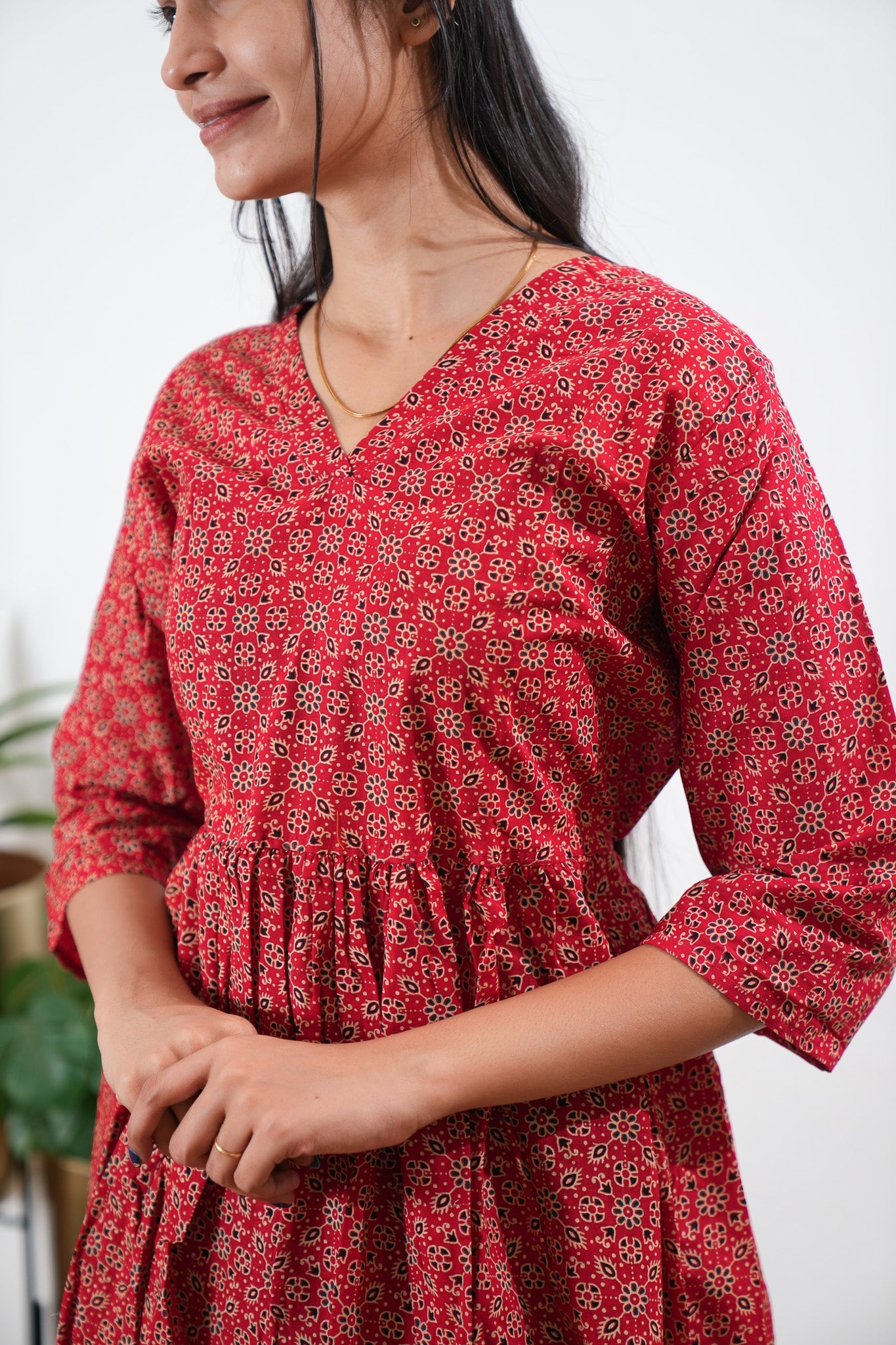 Peplum cotton short kurti - Red