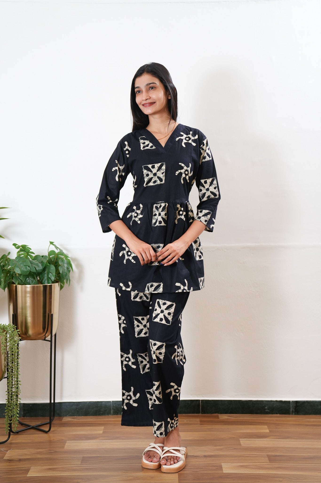 Midnight black butta v neck cotton co- ords set