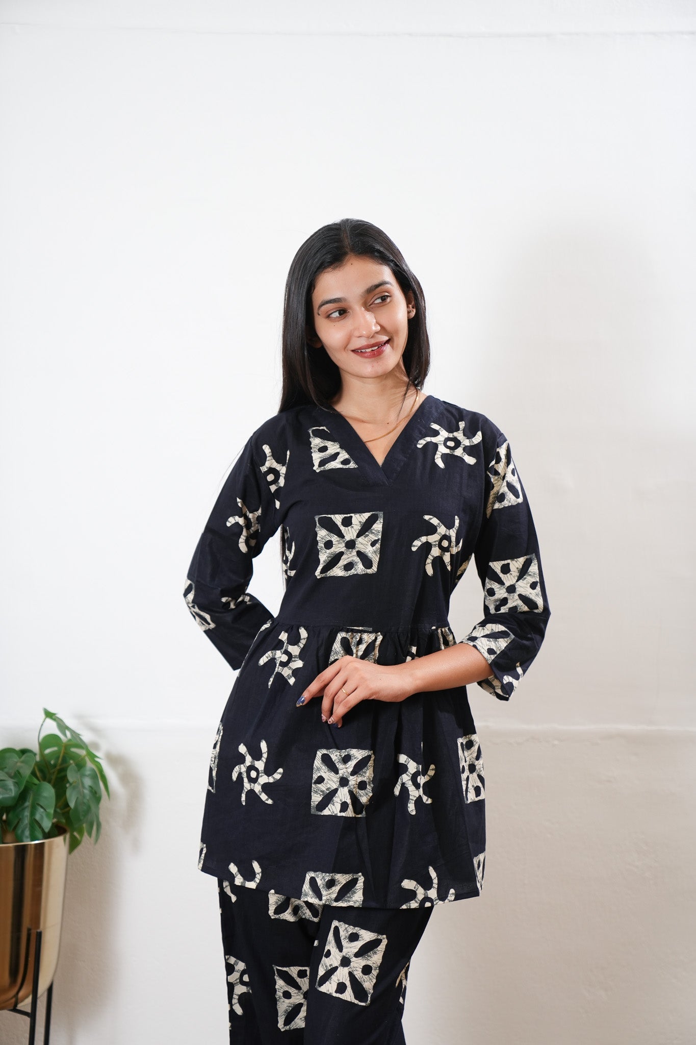 Midnight black butta v neck cotton co- ords set