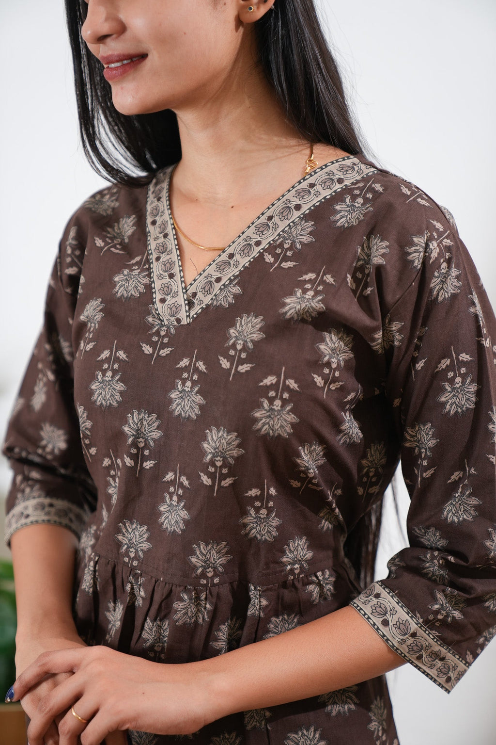Chocolate brown v neck cotton co-ords set