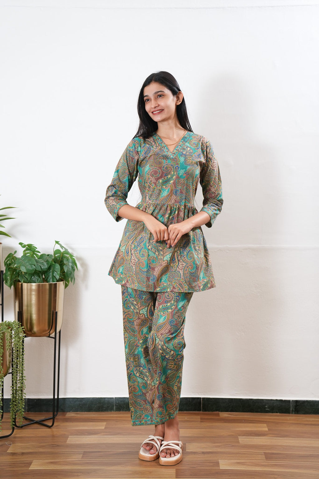 Turquoise v neck cotton co-ords set