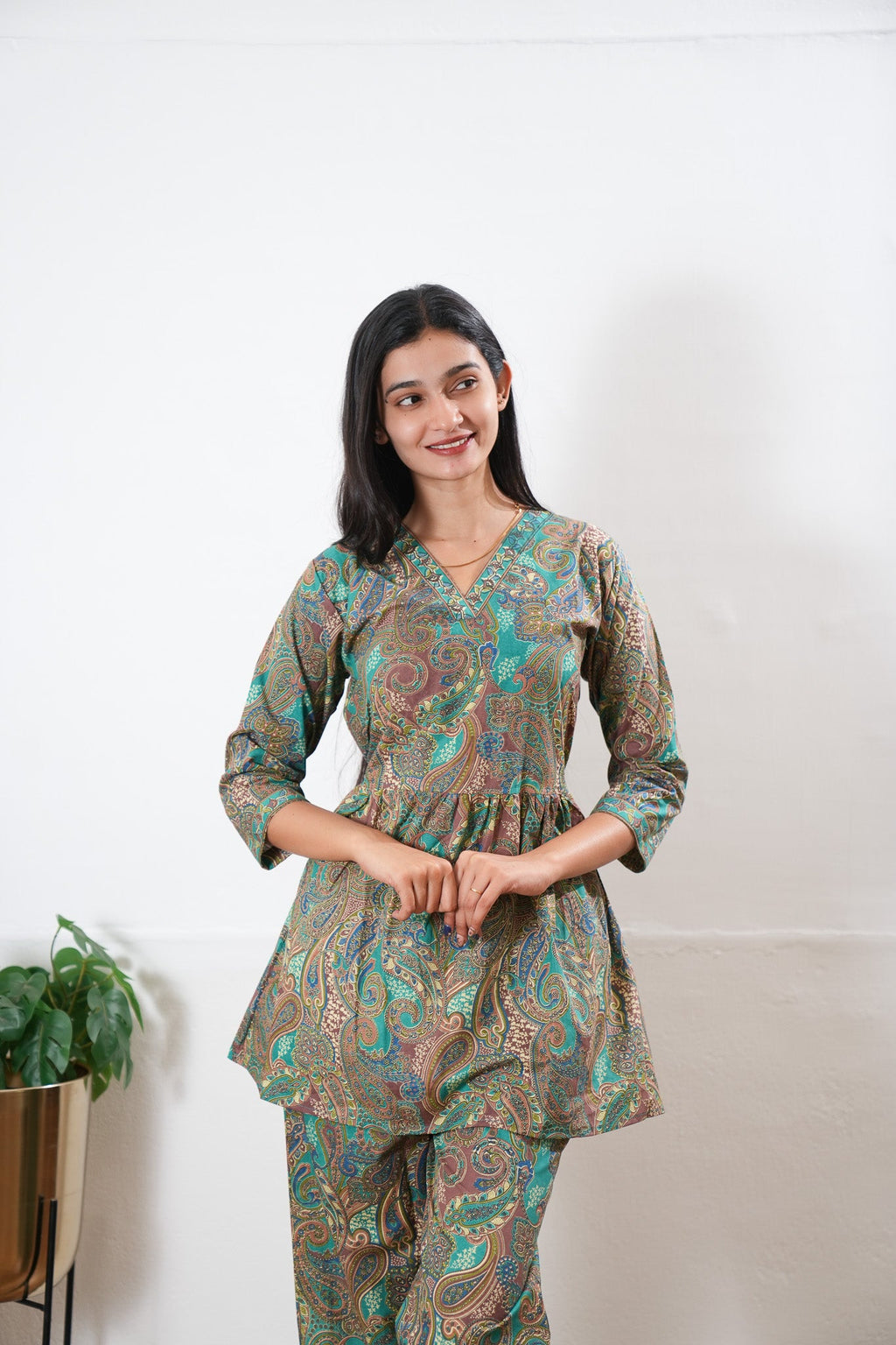 Turquoise v neck cotton co-ords set
