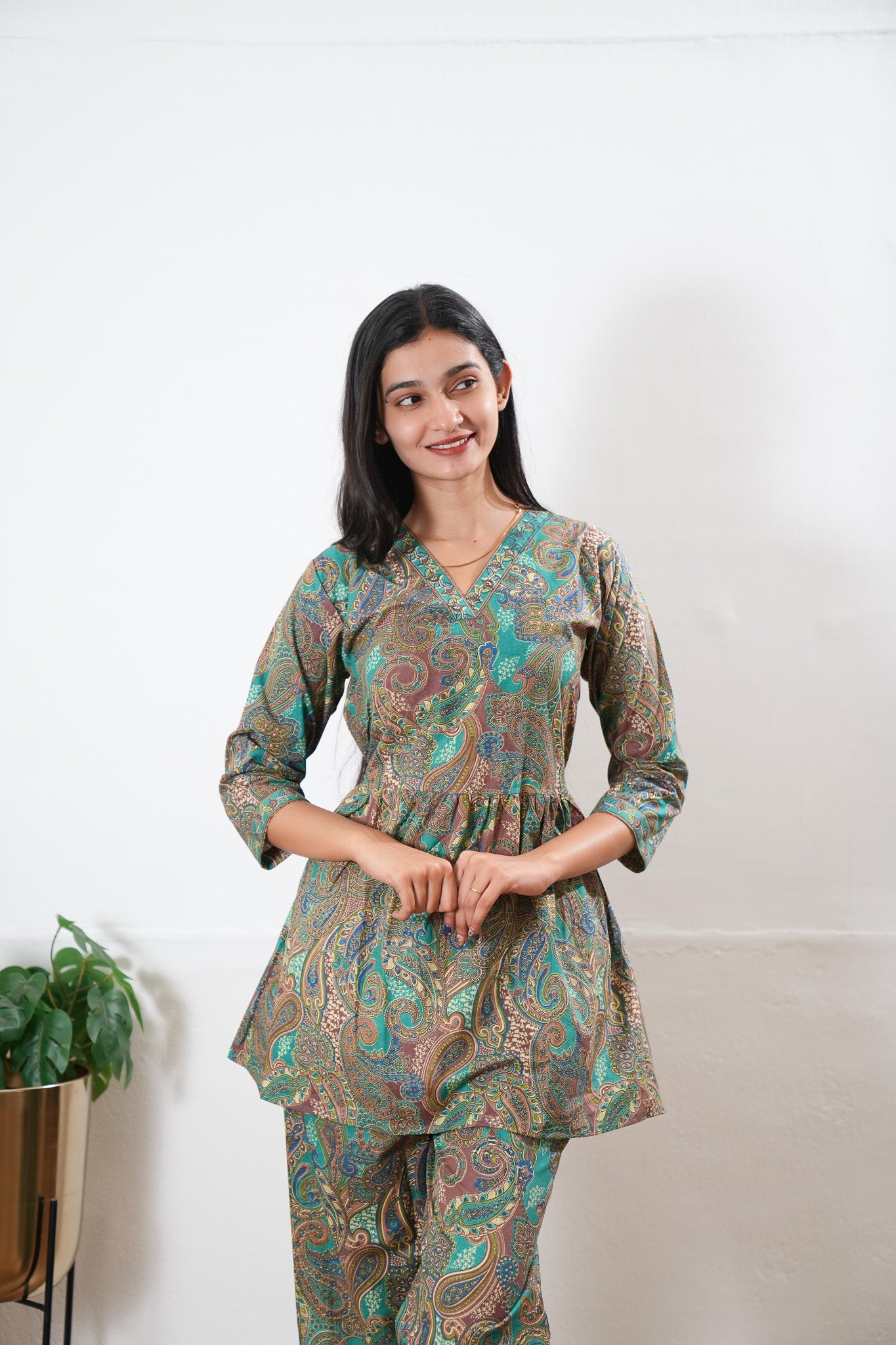 Turquoise v neck cotton co-ords set