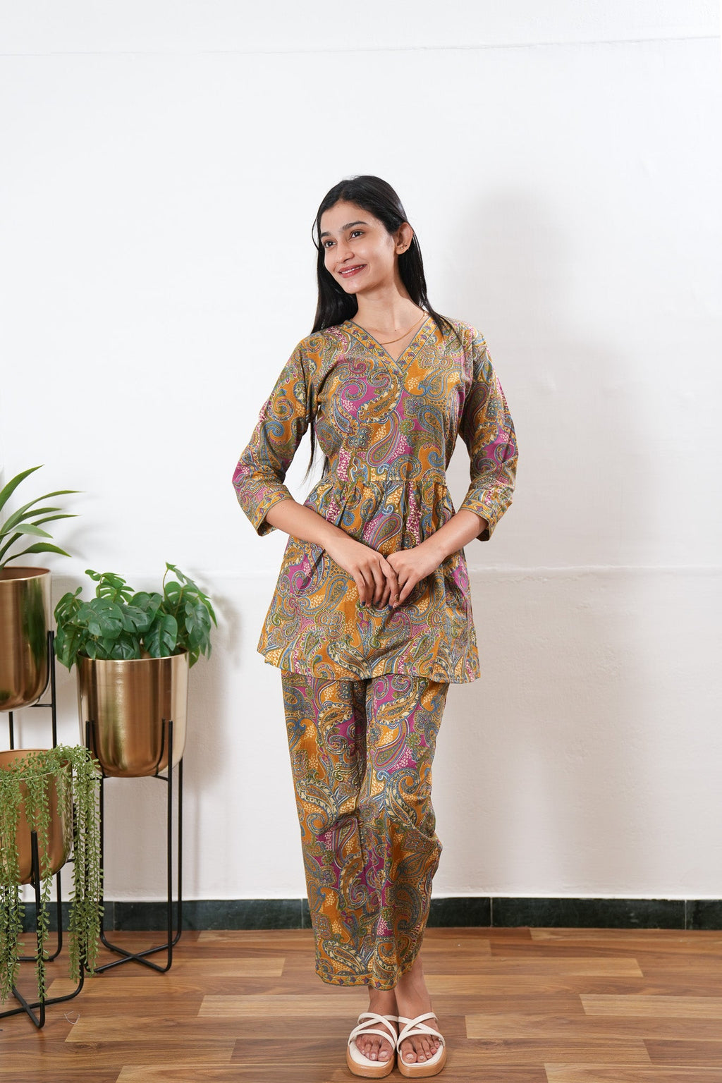 Mustard v neck cotton co-ords set