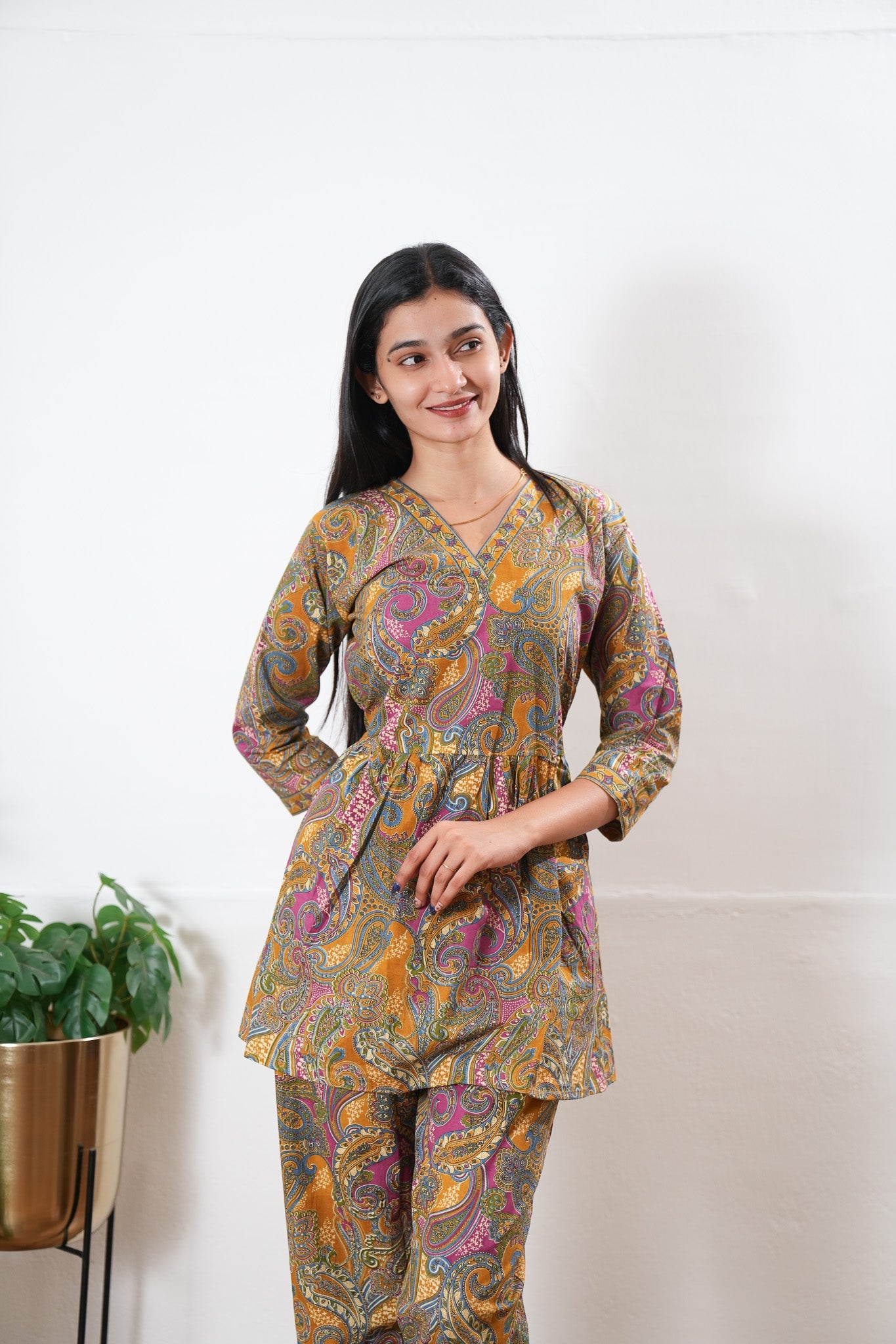 Mustard v neck cotton co-ords set
