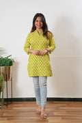 Pintex cotton short kurti - Lime green