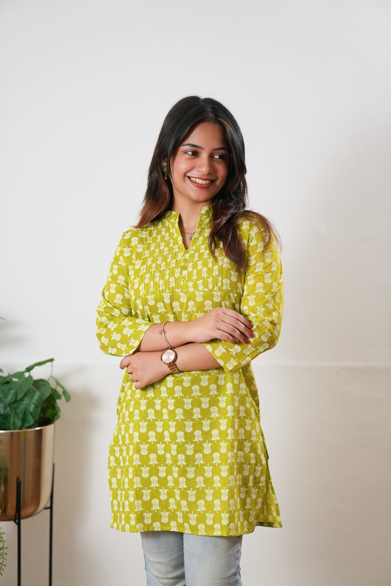 Pintex cotton short kurti - Lime green