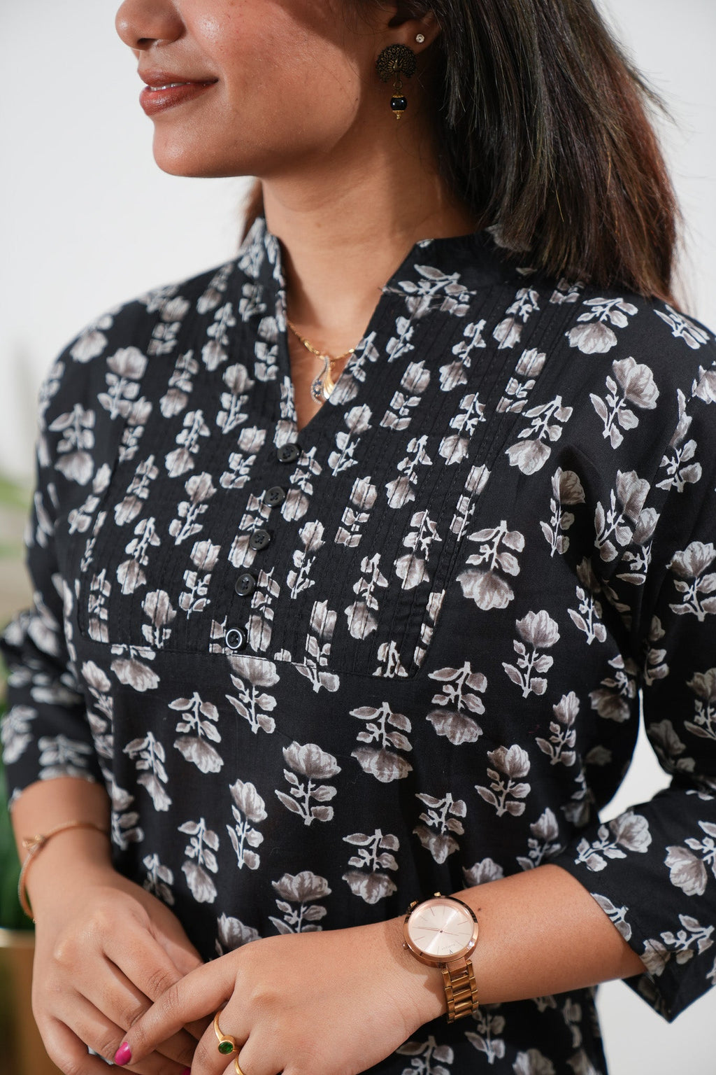 Pintex cotton short kurti - Black roses