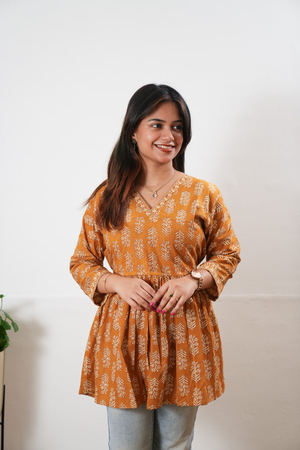 Peplum cotton short kurti - Turmeric