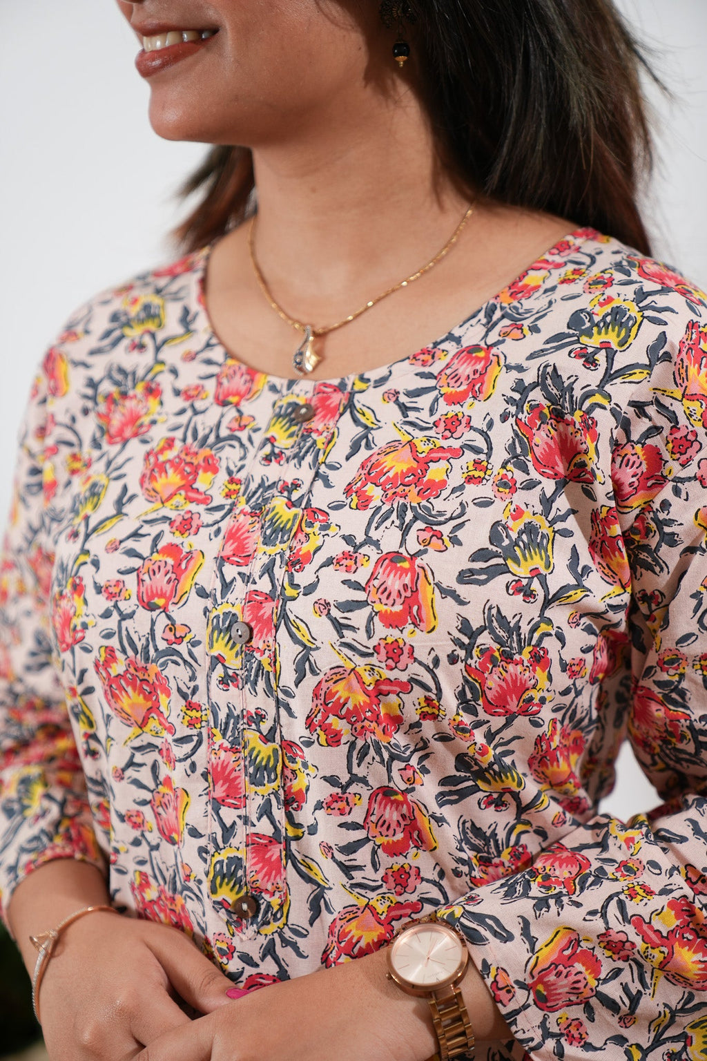 Round neck cotton short kurti -Multicoloured