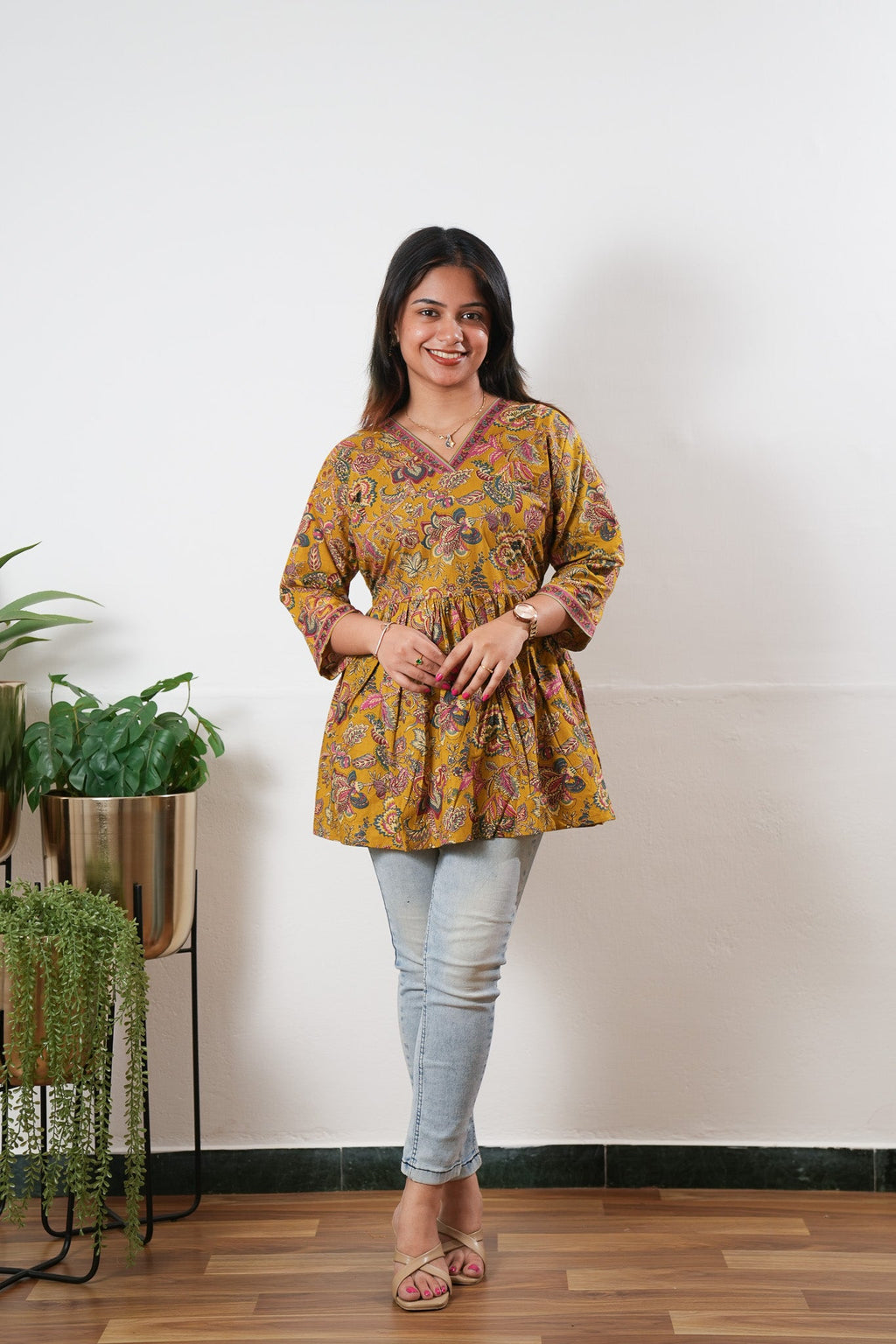 Peplum cotton short kurti - Mustard